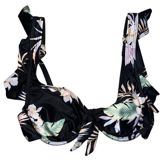 Ibiza Swimwear Black Tropical Floral Ruffled Swim Top Size Medium - Picture 1 of 9
